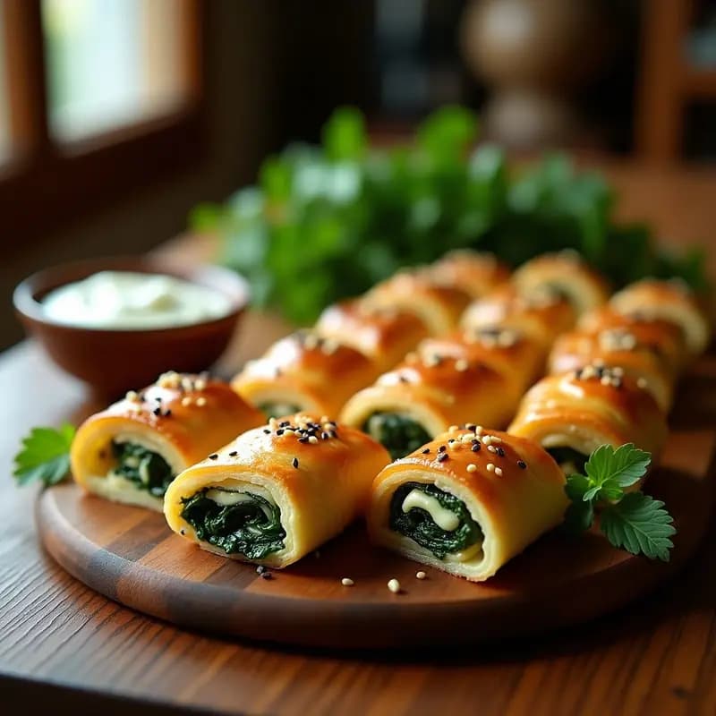 Rollitos dorados y crujientes de masa filo rellenos de espinacas y queso de oveja, espolvoreados con semillas de sésamo, servidos en bandeja de madera con hierbas frescas. Receta tradicional armenia de Loksheum Rouleau al horno.