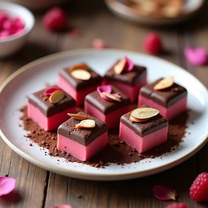 Lokum de frambuesa y rosa con cobertura de cacao: cubos de dulce turco proteico de color rosa intenso, cubiertos por una capa fina de cacao oscuro y almendras molidas, dispuestos en una bandeja de madera rústica con pétalos de rosa secas y frambuesas frescas como decoración.