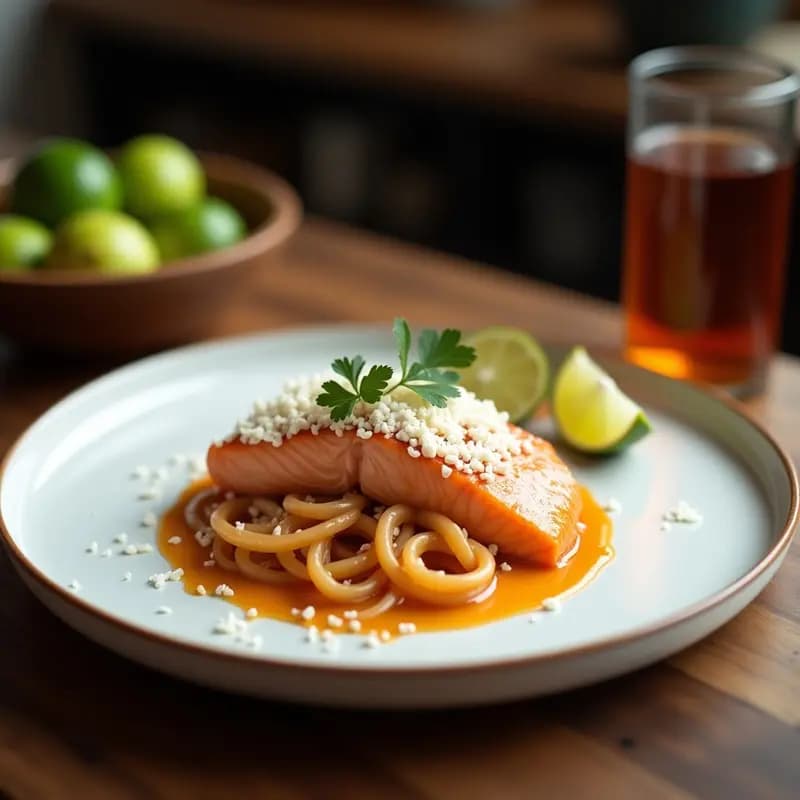 Plato hawaiano de Lomi Lomi de Salmón con coco rallado, tomate, cebolla morada y semillas de sésamo negro, servido en un bol de madera con decoración de alga nori y cilantro fresco.