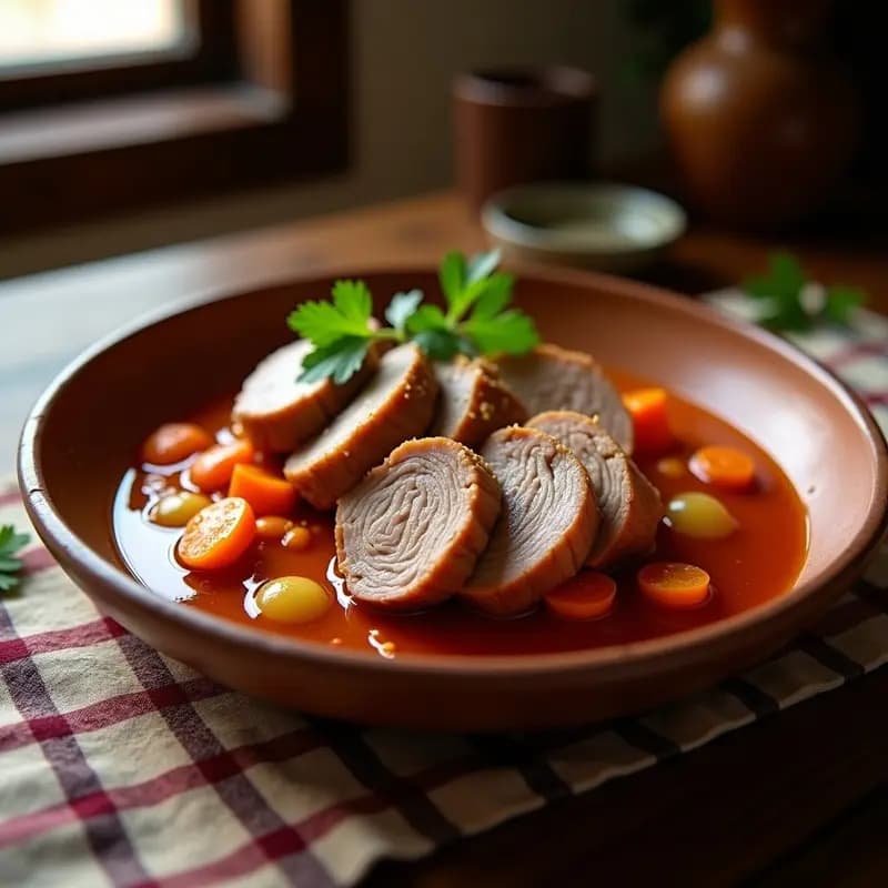 Plato hondo de barro con lomo de cerdo en manteca colorá desmenuzado, bañado en su jugo dorado y especiado, acompañado de rodajas de pan rústico. Receta tradicional andaluza en olla lenta.