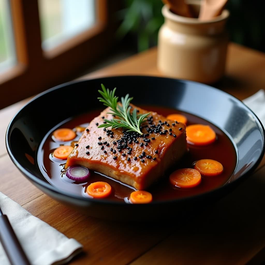 Plato hondo de cerámica negra con lomo de cerdo al miso y sidra en salsa espesa y brillante, decorado con semillas de sésamo negro. Trozos de cebolla morada y zanahoria glaseados acompañan la carne. Fondo rústico con servilleta de lino y utensilios de madera. Receta en olla lenta con textura melosa y umami auténtico.
