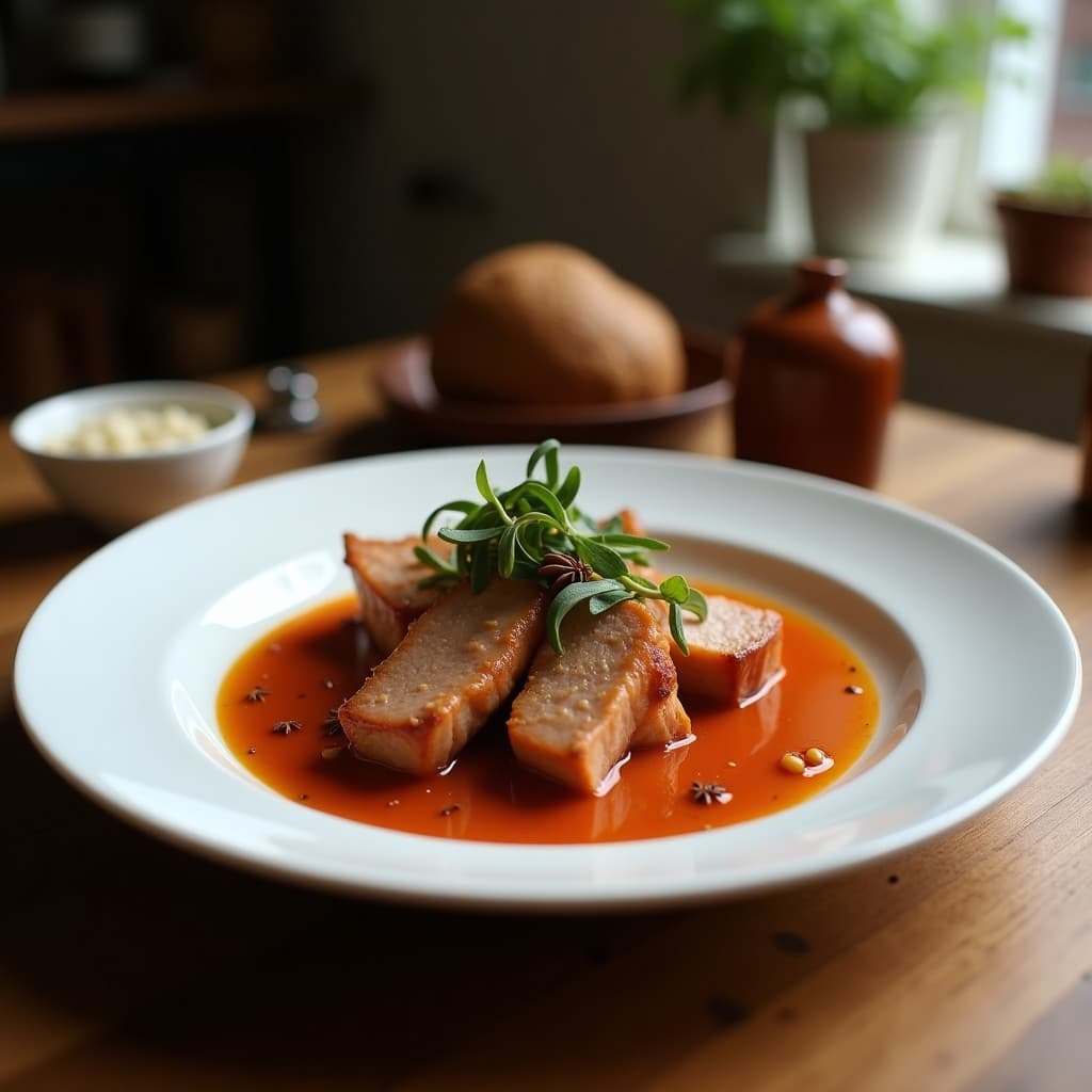 Plato hondo de barro con lomo de cerdo adobado en salsa de tamarindo y anís estrellado, receta filipina en olla exprés. Trozos dorados de cerdo bañados en una salsa espesa y brillante de color ámbar, decorados con rodajas de cebolla morada y hojas de laurel. Acompañado de arroz jazmín blanco y pepino en rodajas al lado.