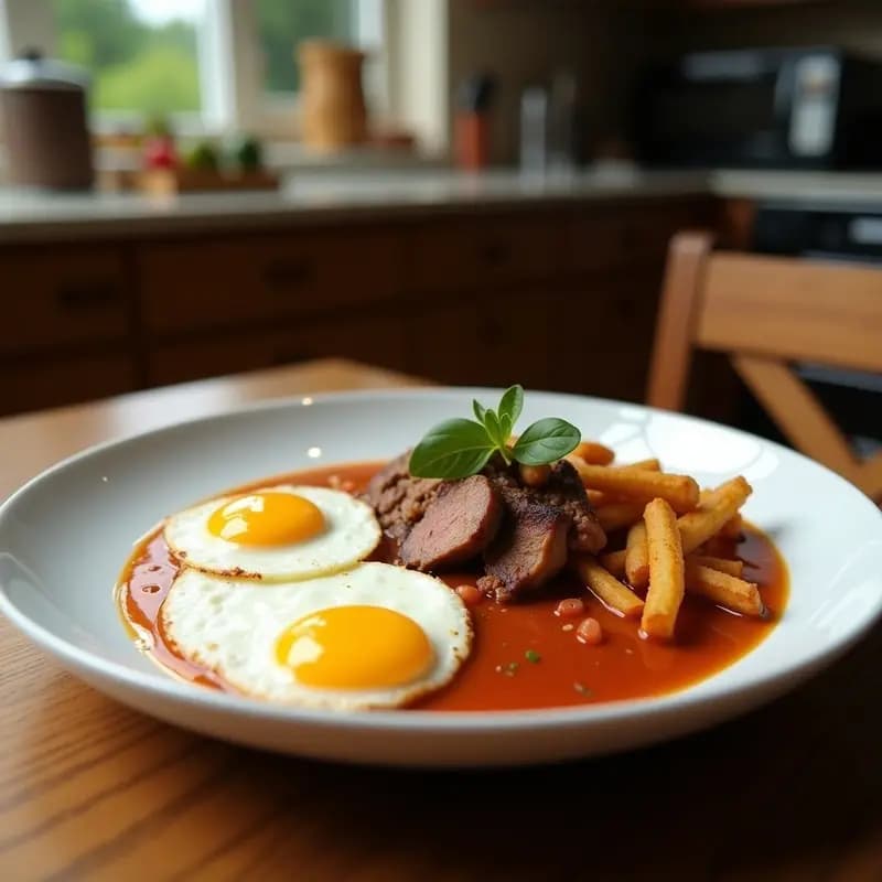 Plato tradicional chileno de Lomo a lo Pobre con filete de lomo de cerdo dorado, trozos cremosos de palta Hass, huevo frito con yema líquida y pebre fresco, servido sobre rebanada de pan tostado.