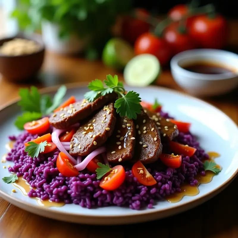 Plato moderno de Lomo Saltado con Arroz Púrpura en Airfryer: lomo de res dorado en tiras sobre una base de arroz morado vibrante, acompañado de cebolla roja, tomate y pimiento en juliana, decorado con culantro fresco y semillas de sésamo.
