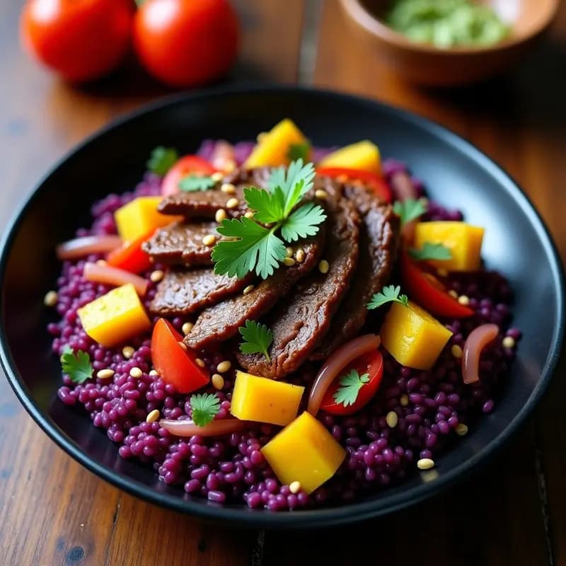 Plato hondo de cerámica negra con Lomo Saltado de res en tiras doradas, papas amarillas y cebolla roja salteada sobre una cama de arroz morado vibrante. Decorado con culantro fresco y semillas de sésamo, con un fondo rústico de madera que resalta los colores intensos de esta receta peruana fusion alta en antioxidantes.