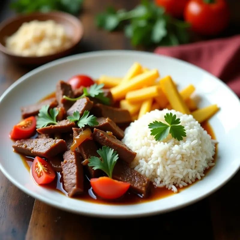 Plato hondo con Lomo Saltado Peruano: trozos dorados de lomo de res salteado con cebolla, tomate y cilantro, acompañado de arroz blanco esponjoso y bastones crujientes de papa amarilla. Receta tradicional con toque chino.