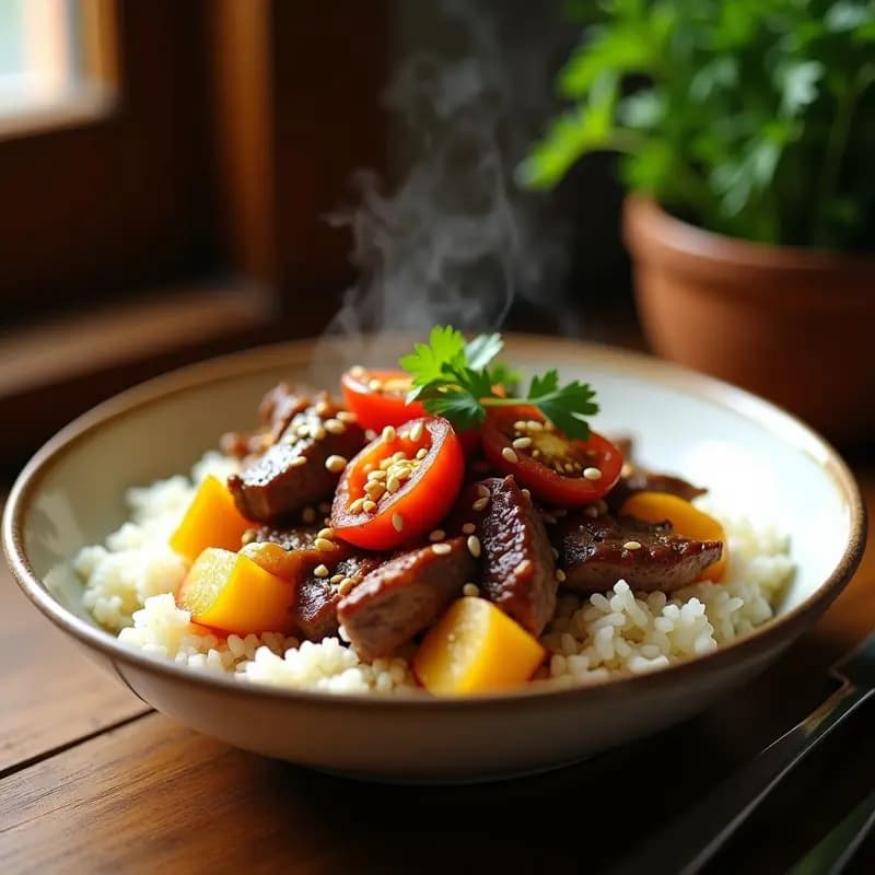 Plato hondo con lomo saltado peruano-chino: tiras de carne jugosa salteada con cebolla morada, tomate y papas doradas sobre una base de arroz blanco esponjoso, decorado con culantro fresco.