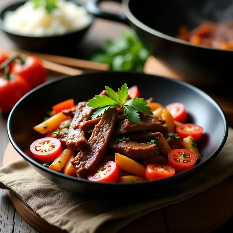 Plato hondo de cerámica negra con Lomo Saltado Peruano: trozos de carne de res salteada con tomate rojo, cebolla morada y papas doradas crujientes, decorado con perejil fresco. Fondo borroso de wok humeante y utensilios de cocina.