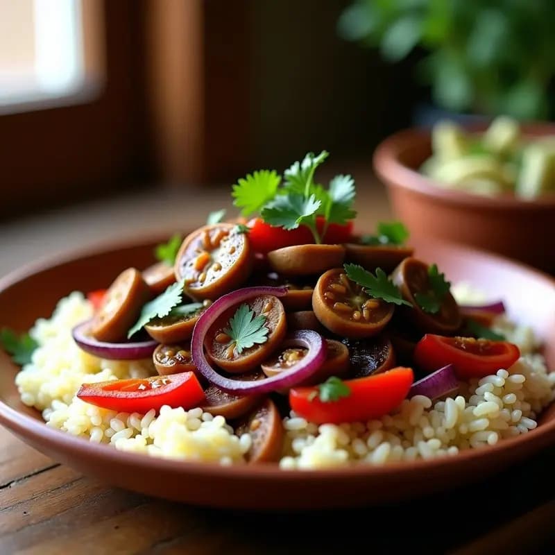 Plato de Lomo Saltado de Champiñones Portobello con Arroz Basmati vegano, mostrando tiras doradas de portobello salteadas con cebolla morada, tomate y cilantro sobre arroz blanco aromático, decorado con semillas de sésamo.