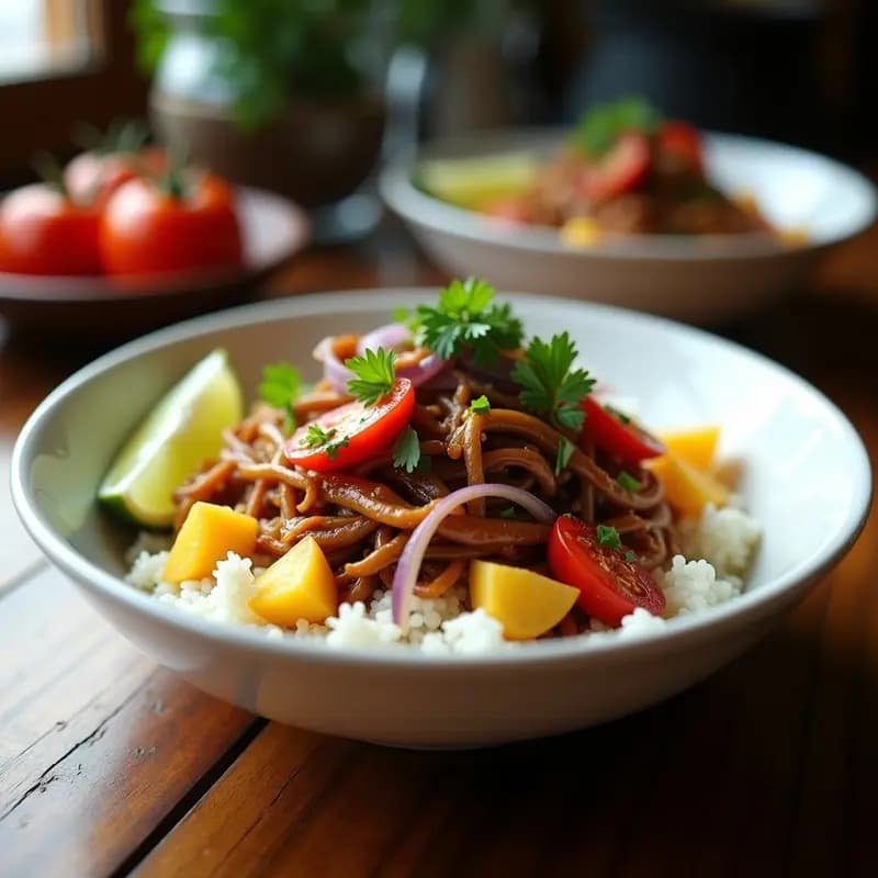 Plato hondo de cerámica blanca con Lomo Saltado de Jackfruit vegano, servido sobre arroz blanco esponjoso y acompañado de papas doradas en cubos. El jackfruit desmenuzado está salteado con cebolla morada, tomate y cilantro fresco, con un toque brillante de salsa de soja y ají amarillo. Fondo rústico con rodajas de limón.