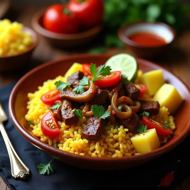 Plato colorido con Lomo Saltado Peruano: tiras de lomo de ternera doradas salteadas con cebolla morada, tomate y ají amarillo, acompañado de arroz basmati blanco y cubos de papa amarilla. Decorado con cilantro fresco y hierbabuena sobre un mantel rústico.