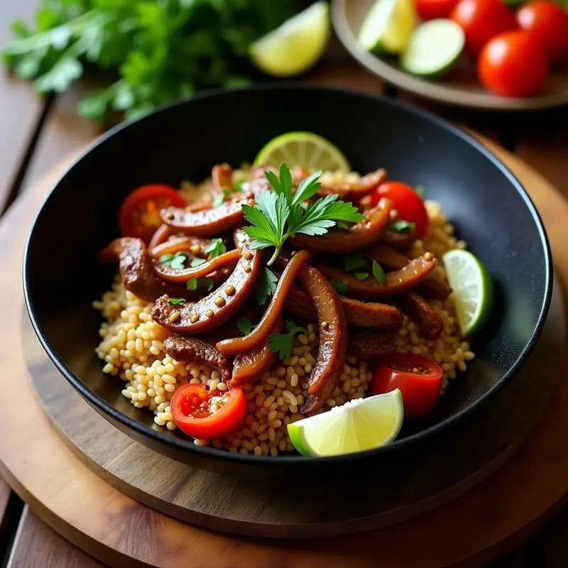 Plato de lomo saltado con carne de res en trozos dorados, cebolla roja, tomate y ají amarillo salteados, servido sobre arroz integral esponjoso en un bowl de cerámica negra, decorado con cilantro fresco y aceite de sésamo.