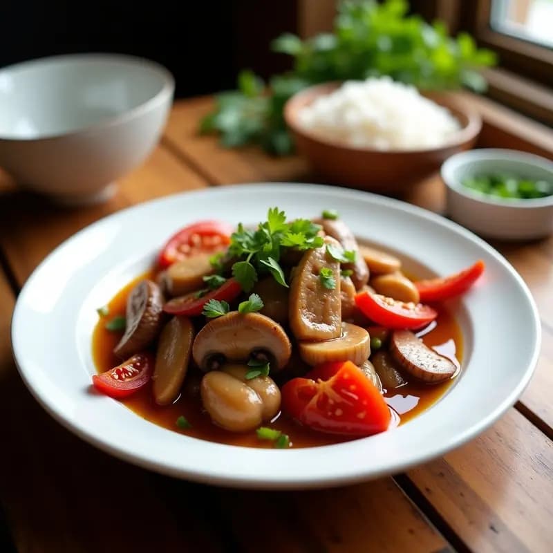 Plato hondo con lomo saltado vegano de seitán y champiñones portobello salteados, cebolla morada, tomate y cilantro sobre arroz basmati blanco, con un toque de salsa oscura y brillo del aceite de sésamo.
