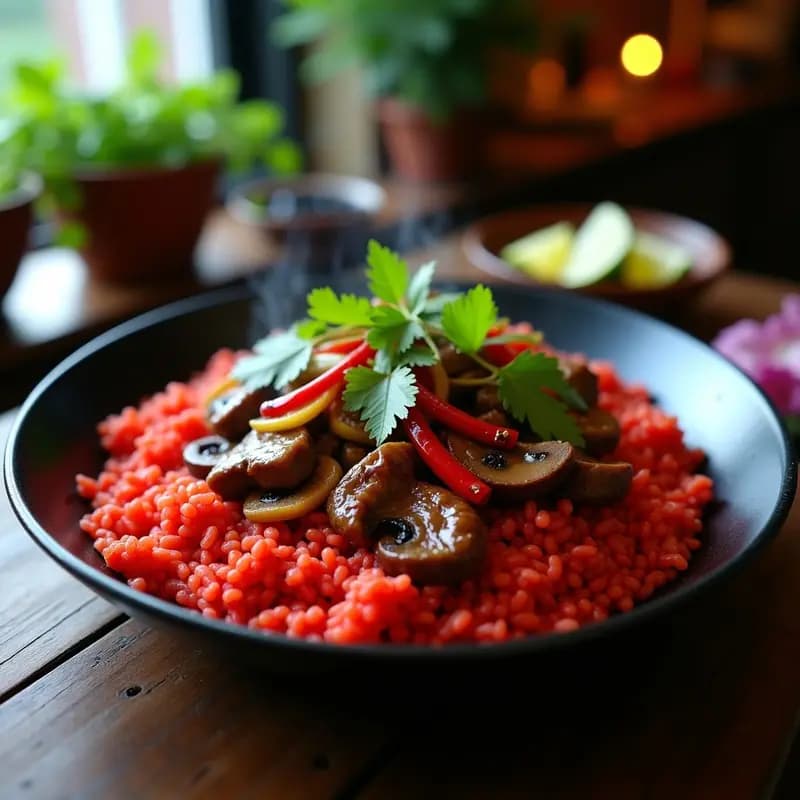 Plato hondo de cerámica negra con Lomo Saltado de Seitan y Champiñones sobre arroz Jasper, decorado con cilantro fresco y semillas de sésamo. Los trozos de seitán dorado y champiñones brillantes se mezclan con cebolla morada y tomate, bañados en una salsa oscura y aromática.