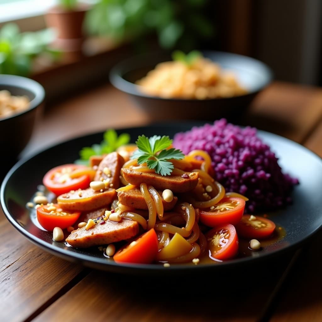 Plato hondo de loza negra con lomo saltado de seitán dorado en airfryer, bañado en salsa de tamarindo brillante, acompañado de cebolla morada, pimiento rojo y tomate salteados. Decorado con cacahuetes picados y cilantro fresco. Receta peruana vegana alta en proteína.