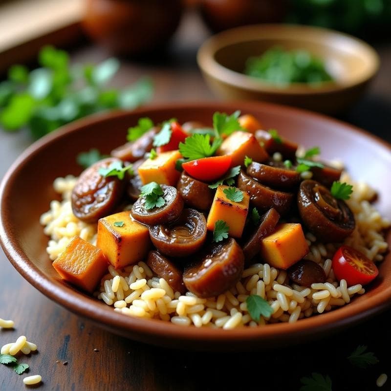 Plato hondo de barro con Lomo Saltado de Seta y Tofu vegano, arroz integral dorado, setas portobello salteadas, tomate y cebolla morada, decorado con perejil fresco y cilantro, estilo cocina peruana tradicional.