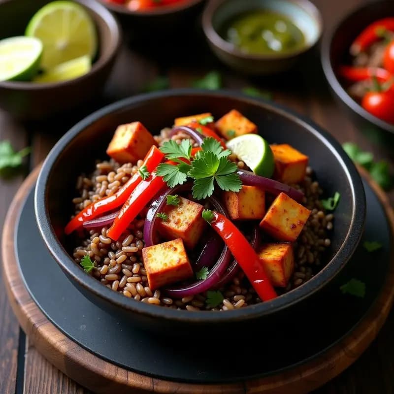 Plato hondo de cerámica negra con Lomo Saltado Peruano vegano: tofu dorado salteado con pimientos rojos, cebolla morada y tomates, sobre una base de arroz salvaje oscuro. Decorado con cilantro fresco y semillas de sésamo tostadas. Fondos de wok con salsa espesa y brillo del aceite de sésamo.