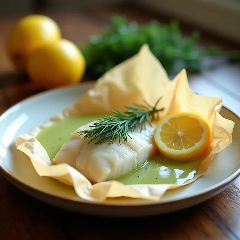 Filete de merluza en papillote abierto sobre papel de horno, cubierto con salsa cremosa de eneldo y limón, decorado con ramitas de eneldo fresco y rodajas de limón. Plato elegante de cocina rusa baja en calorías.