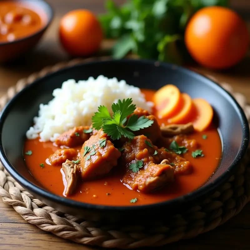 Plato hondo de barro con lomotor de cerdo en salsa de tamarillo, trozos de carne dorada bañados en una salsa naranja vibrante, acompañados de arroz blanco y decorados con cilantro fresco y semillas de tamarillo.