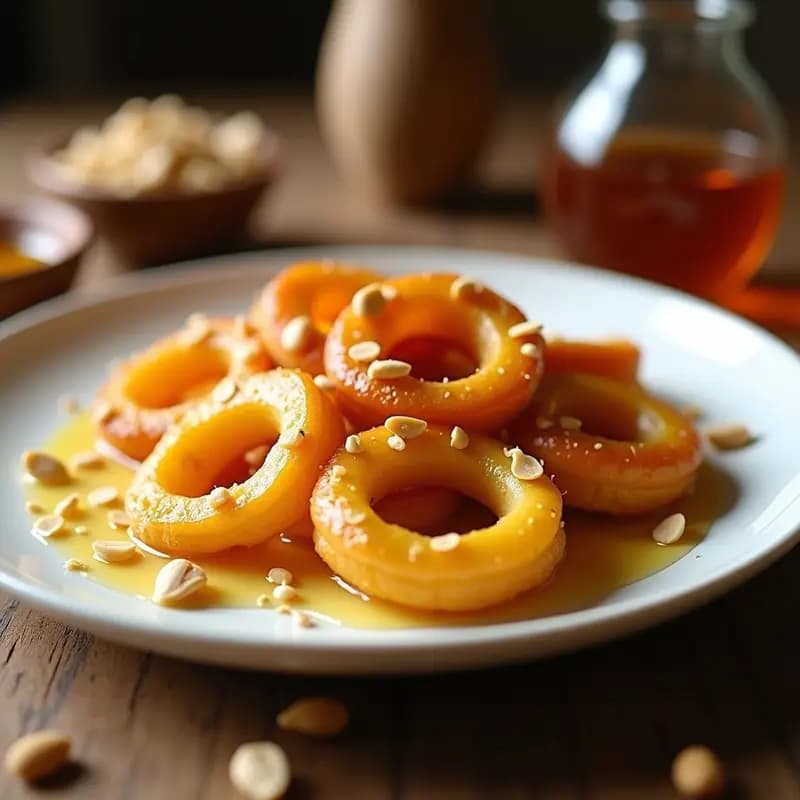 Loopia de plátano macho doradas y crujientes, rellenas de queso de soja, bañadas en miel de agave y espolvoreadas con cacahuetes picados, servidas en un plato de cerámica blanca sobre fondo rústico.