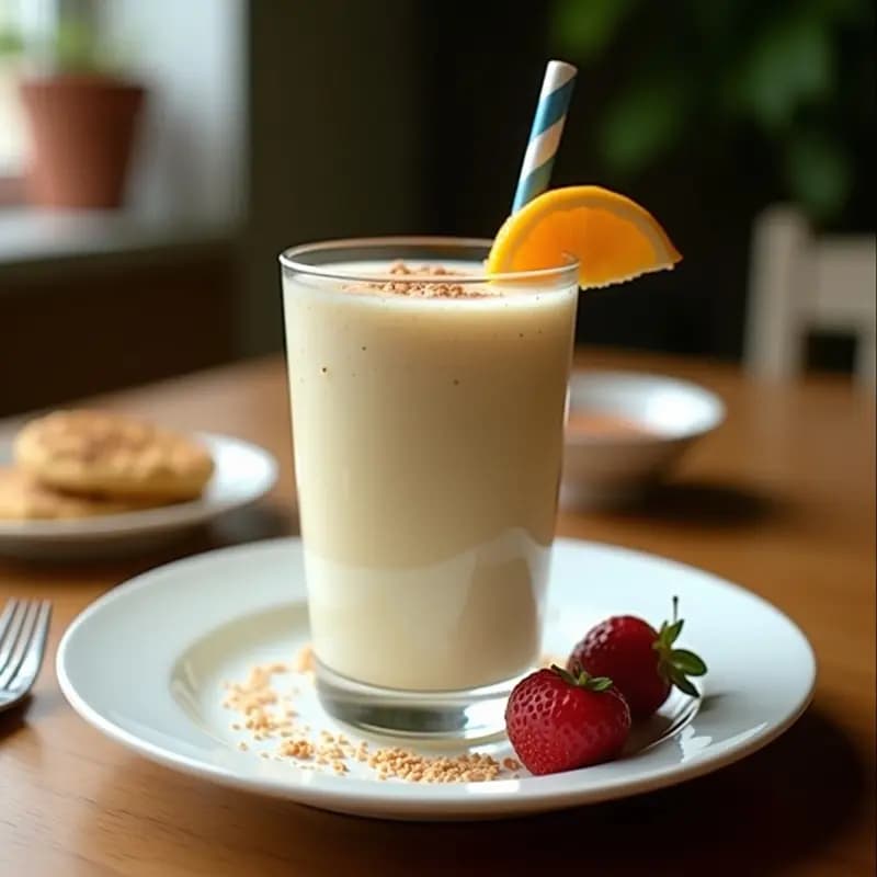 Vaso alto de cristal con lulo batido con leche de coco y chía, decorado con semillas de chía y una pizca de canela, sobre una mesa de madera rústica con lulos frescos y coco rallado al fondo.