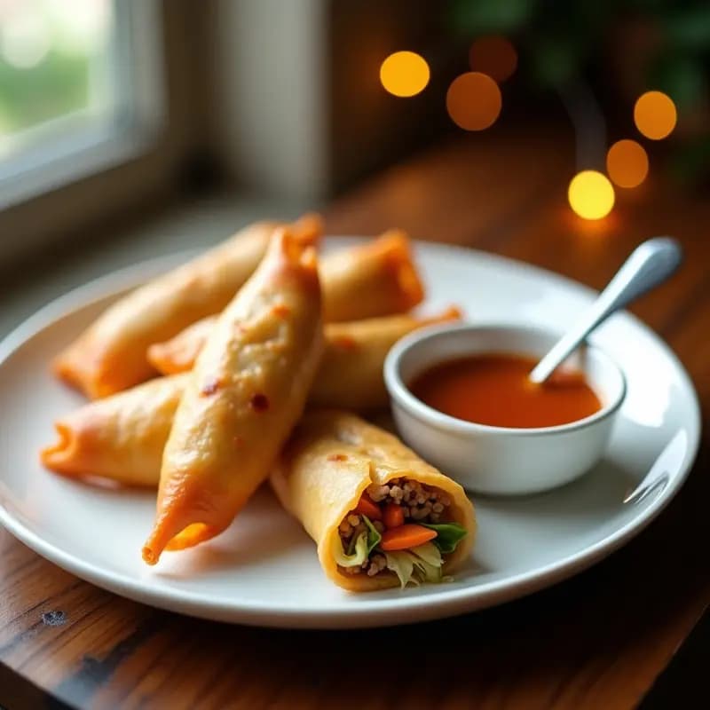 Plato blanco con lumpia filipina de cerdo y repollo dorada y crujiente, cortada en diagonal, acompañada de salsa dulce de tamarindo en un bol pequeño. Decoración con semillas de sésamo y hojas de cilantro sobre fondo de madera rústica.