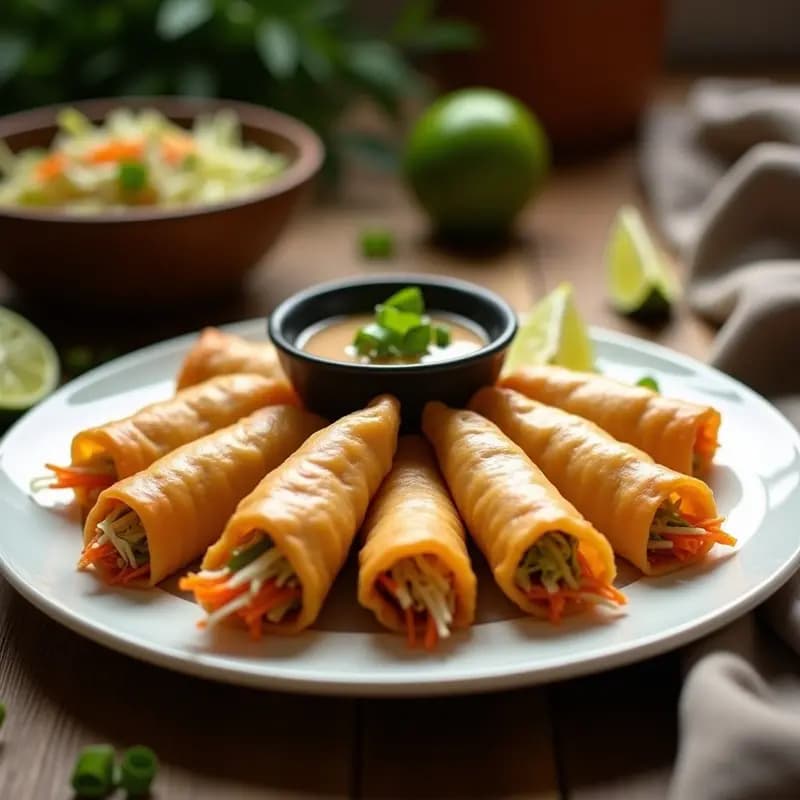 Plato blanco con lumpia filipinos dorados y crujientes, rellenos de repollo y zanahoria, acompañados de salsa de soya y lima en un bol pequeño. Decorados con semillas de sésamo y cebollino picado.