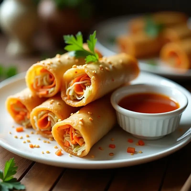 Rollitos de lumpia filipina dorados y crujientes en airfryer, rellenos de repollo y zanahoria, servidos en un plato blanco con salsa agridulce y semillas de sésamo.