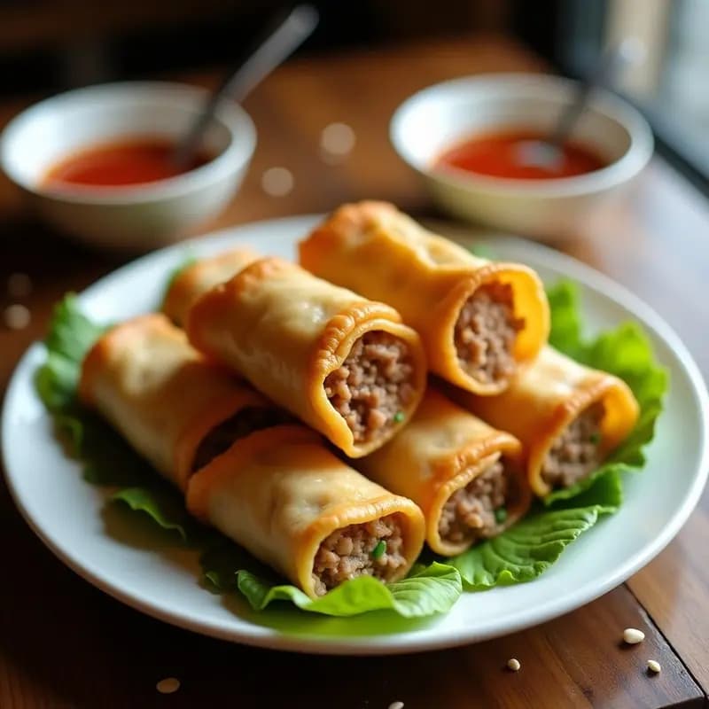 Rollitos lumpia shanghai dorados y crujientes en airfryer, rellenos de cerdo y repollo, servidos en un plato de madera con salsa agridulce al lado.