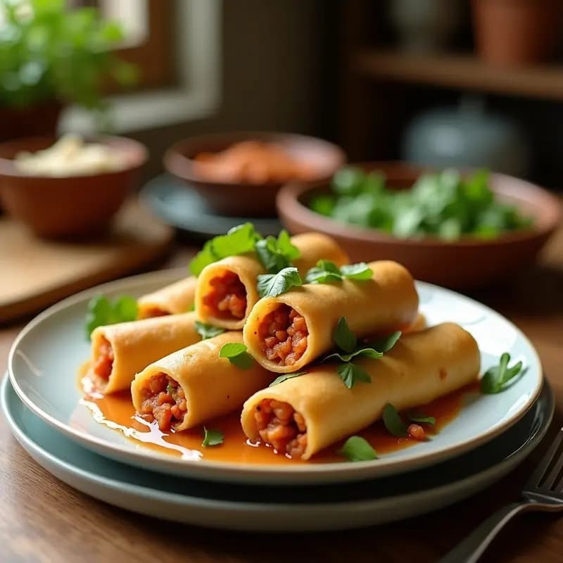 Plato blanco con lumpia de verduras y cerdo filipinos dorados y crujientes, servidos sobre papel de horno con salsa agria y picante en un bol pequeño. Rollitos cortados por la mitad mostrando el relleno jugoso de cerdo, zanahoria morada y champiñones. Decorados con cebollino picado.