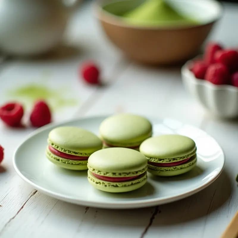 Macarons franceses de matcha y frambuesa sin gluten dispuestos en bandeja de madera, con casquillos verdes esmeralda y relleno rosa de ganache de frambuesa, luz natural suave y fondo desenfocado.