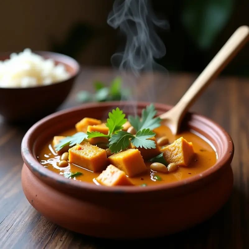 Olla de barro con Mafé de Tofu y Maní, estofado africano vegano con salsa de cacahuete espesa, tofu dorado, maní tostado y cilantro fresco, servido en un plato hondo de cerámica con arroz basmati al lado.