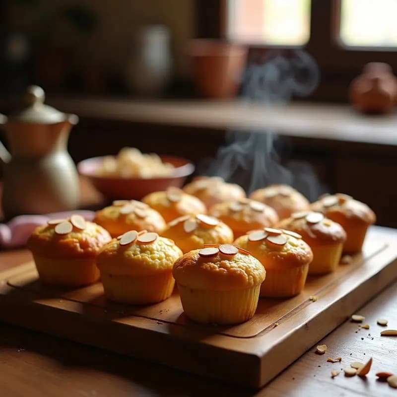 Magdalenas esponjosas doradas con miel y canela servidas en una bandeja de madera rústica, con almendras laminadas en la superficie y un fondo borroso de cocina tradicional española.