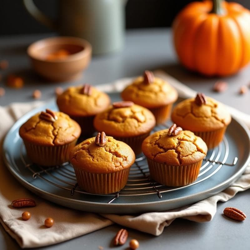 Magdalenas doradas y esponjosas de harina de garbanzo con especias de pumpkin spice, decoradas con nueces picadas y un toque de azúcar glass, servidas en una bandeja de madera con fondo borroso de cocina acogedora.