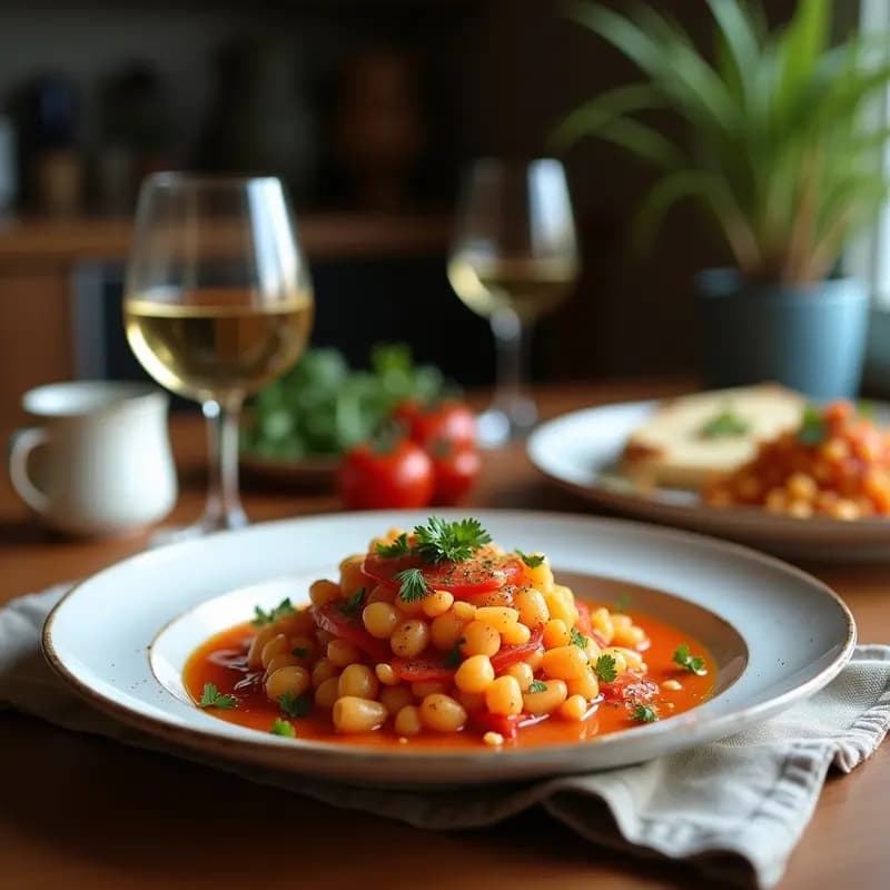 Cazuela de barro humeante con Magi Un Don Kas de berenjena y tomate, especias tunecinas visibles, almendras fileteadas y cilantro fresco espolvoreado, servido sobre fondo rústico de madera.