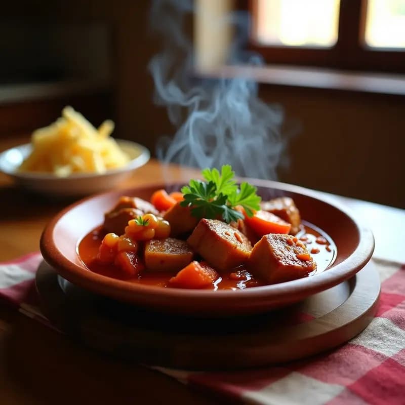 Cazuela de barro humeante con magras con tomate andaluza, trozos de carne de cerdo jugosos bañados en una salsa espesa de tomate, cebolla y pimiento, decorada con una ramita de perejil fresco. Plato tradicional y económico.
