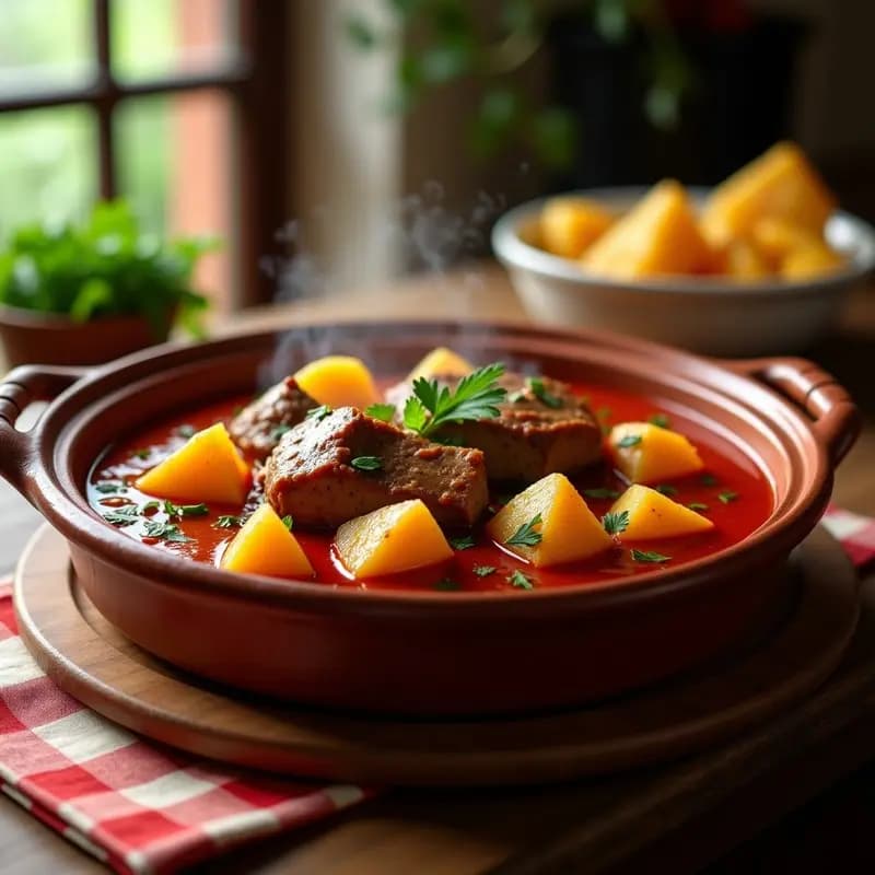 Cazuela de barro humeante con magras de cerdo en salsa de tomate y patatas, espolvoreadas con perejil fresco. Plato tradicional español servido en mesa rústica.