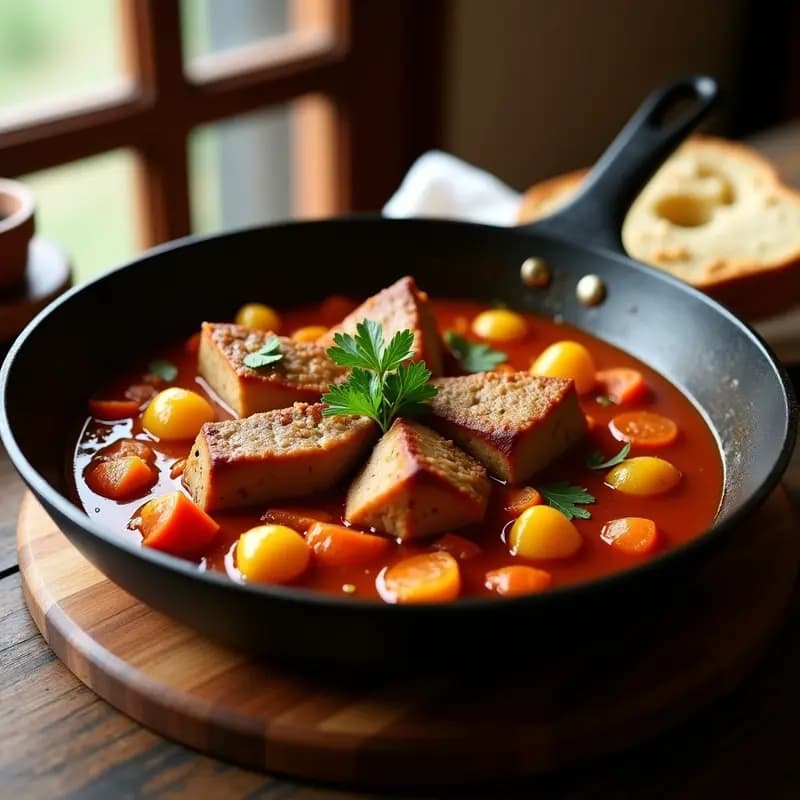 Sartén honda con magras de cerdo doradas, patatas troceadas y salsa de tomate casero espesa, acompañada de rodajas de zanahoria y cebolla. Plato tradicional español de cocido sin prisa.