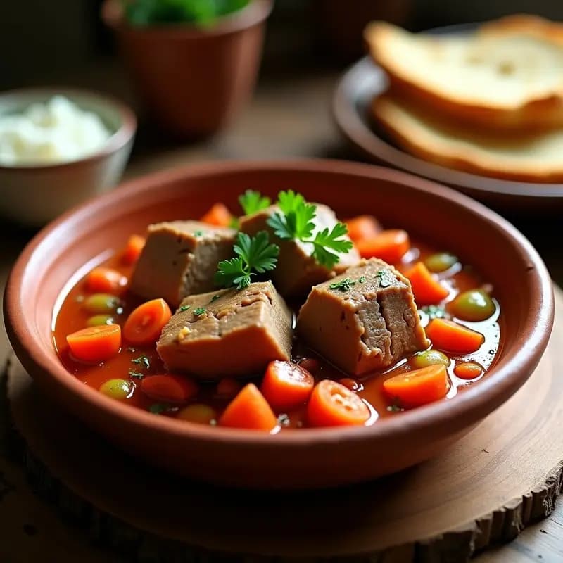 Plato hondo de barro con magro de cerdo en trozos generosos bañados en salsa de tomate casero espesa, acompañado de verduras sofritas y perejil fresco picado. Receta andaluza tradicional en sartén.