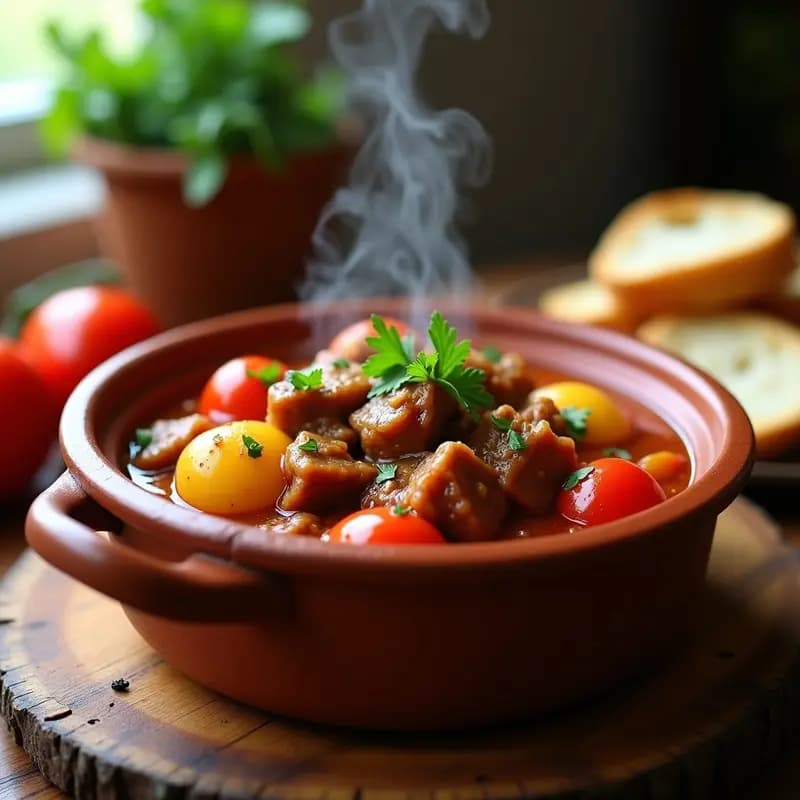 Cazuela de barro humeante con magro con tomate cordobés, trozos de carne de cerdo estofada en salsa de tomate casera con patatas, cebolla y pimiento verde, decorado con hierbas frescas.