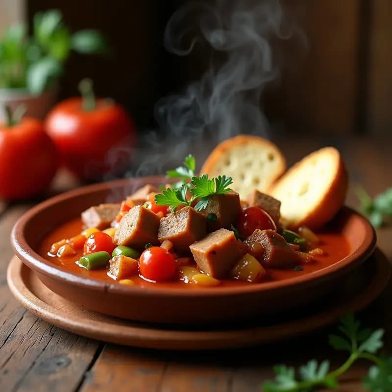 Cazuela de barro con magro con tomate andaluz, trozos de lomo de cerdo jugosos en una salsa espesa de tomate casero, decorado con perejil fresco y acompañado de pan rústico.