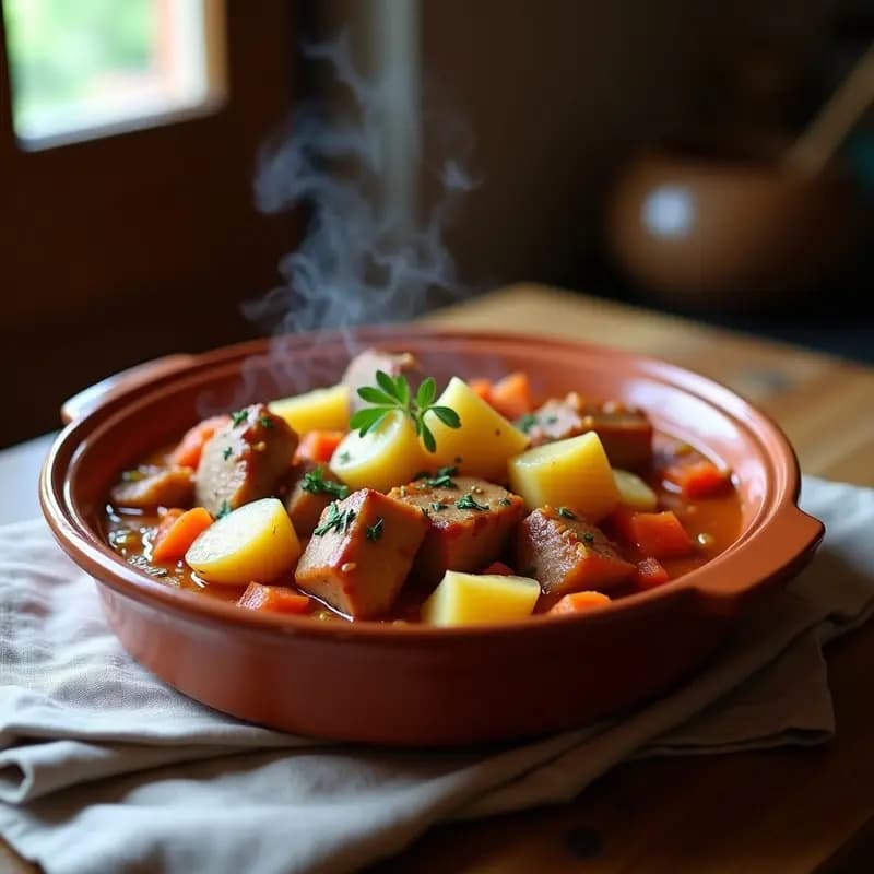 Cazuela de barro humeante con estofado de magro con tomate y patatas, trozos de carne dorada, patatas tiernas y salsa espesa de tomate, decorado con perejil fresco sobre fondo rústico de madera.
