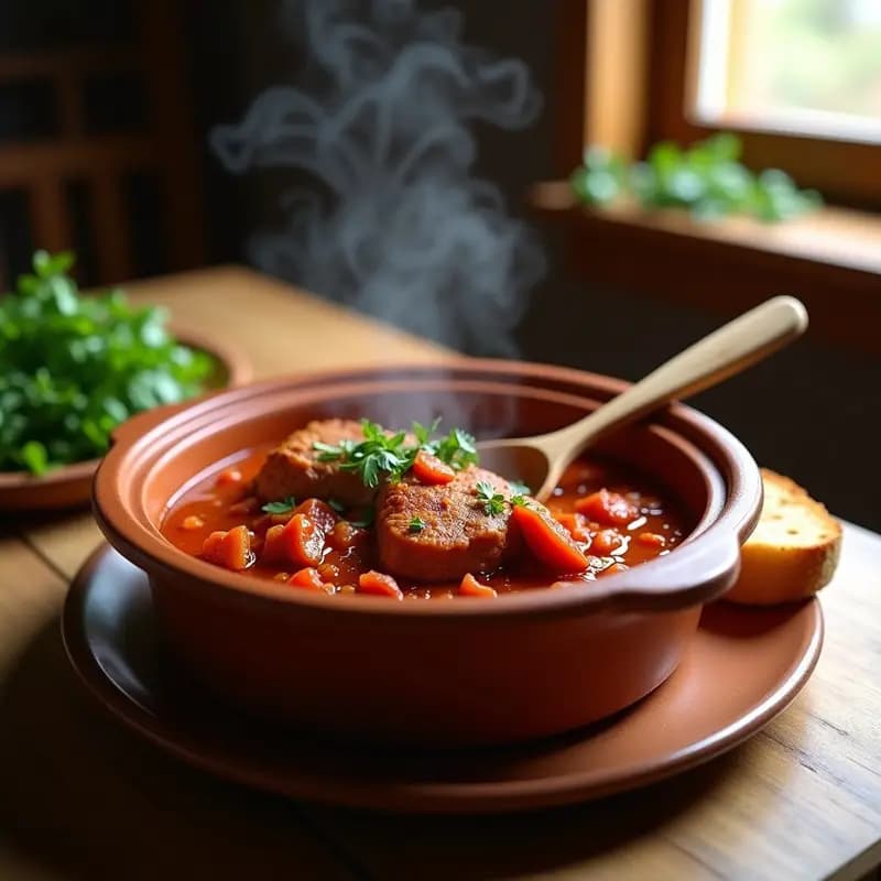 Olla de barro humeante con magro con tomate cordobés, trozos de carne tierna bañados en salsa de tomate espesa y brillante, acompañado de una rebanada de pan rústico y perejil fresco picado.