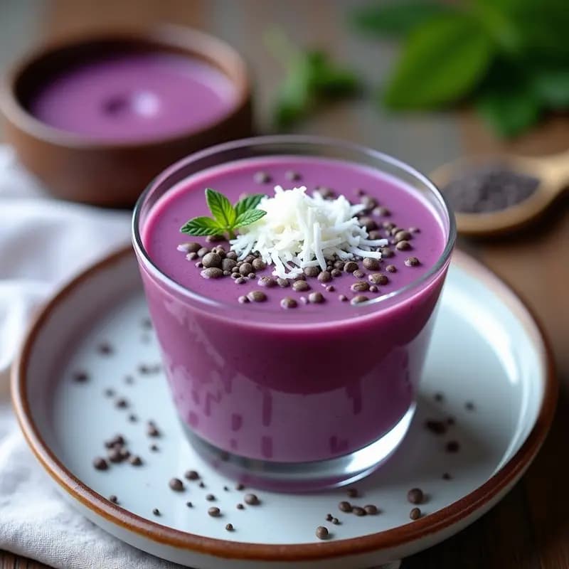 Copa de cristal transparente con majarete de maíz morado y chía, de color violeta intenso, decorado con coco rallado y semillas de chía visibles. Fondo rústico con telas de lino y hojas verdes.