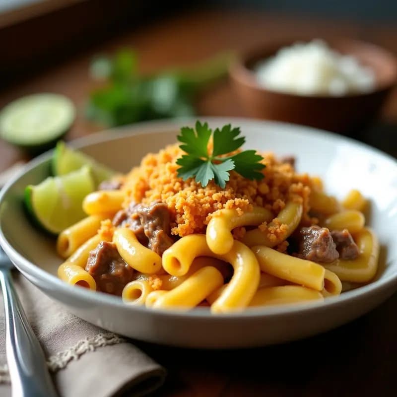 Plato hondo de cerámica blanca con Makaroni con Queso y Carnitas de Res, versión filipina del Mac and Cheese, cubierto de queso gratinado dorado y espolvoreado con pan molido crujiente, acompañado de rodajas de calamansi y hierbas frescas.