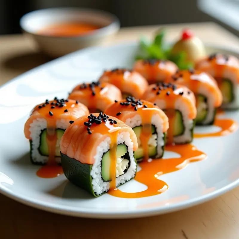 Plato de maki de aguacate y langostino con salsa sriracha, cortados en porciones y servidos en una tabla de madera con semillas de sésamo y salsa aparte.