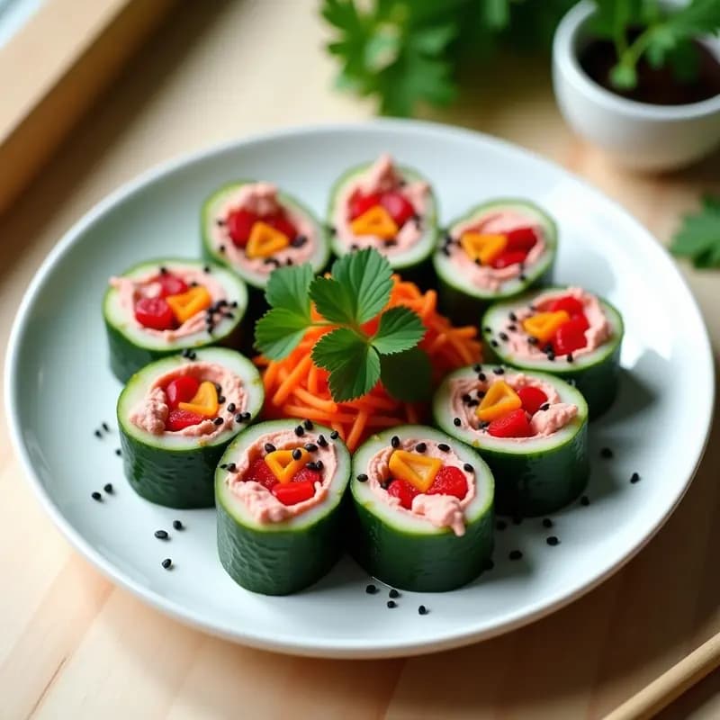 Plato blanco con makis de pepino y hummus cortados en porciones, mostrando capas de pepino verde, hummus cremoso, zanahoria naranja y sésamo negro. Acompañados de salsa de soja y wasabi en un bol pequeño, sobre una mesa de madera con semillas de sésamo esparcidas.