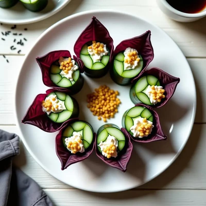 Plato blanco de porcelana con makis de pepino y queso crema vegano cortados en porciones, decorados con caviar de trigo sarraceno negro y espolvoreados con sésamo. Fondo minimalista con hojas de alga nori y rodajas de pepino fresco. Receta fusion japonesa vegana y crunchy.