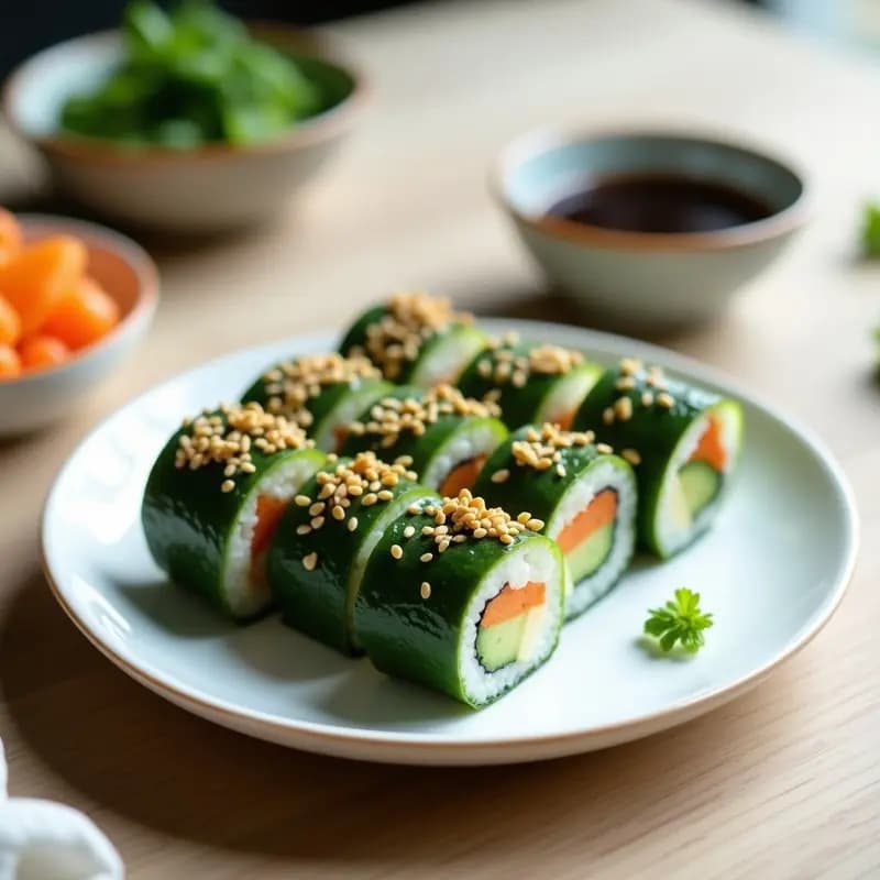 Plato blanco con maki rolls de pepino y queso Philadelphia con algas nori cortados en porciones, decorados con semillas de sésamo y servidos con salsa de soja, receta fusion japonesa vegana.