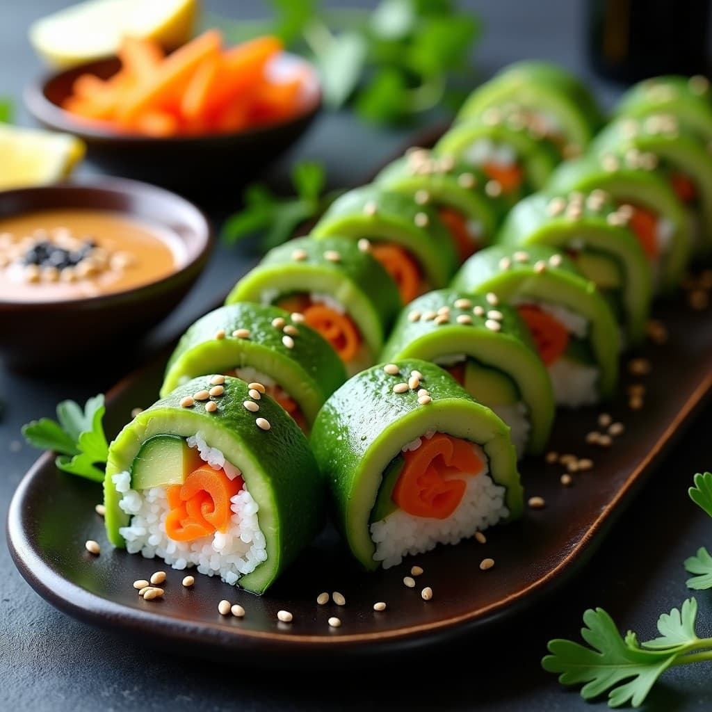 Plato de madera con maki rolls crudiveganos de aguacate, pepino y zanahoria, cortados en porciones y acompañados de salsa de cacahuete espesa. Decoración con semillas de sésamo negro y blanco, rodajas de limón y hojas de cilantro fresco sobre fondo oscuro.